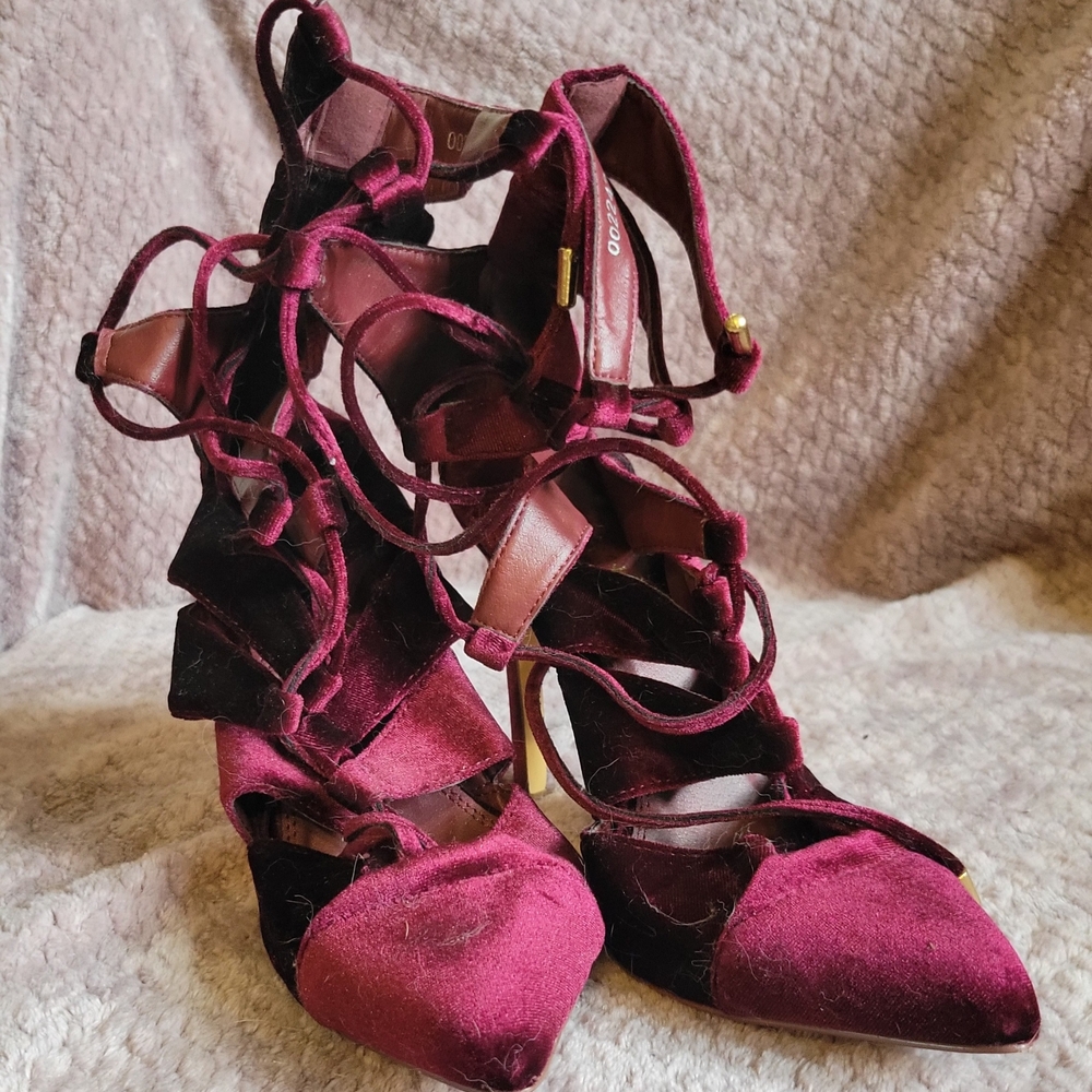 Burgundy Velvet Lace-Up Heels